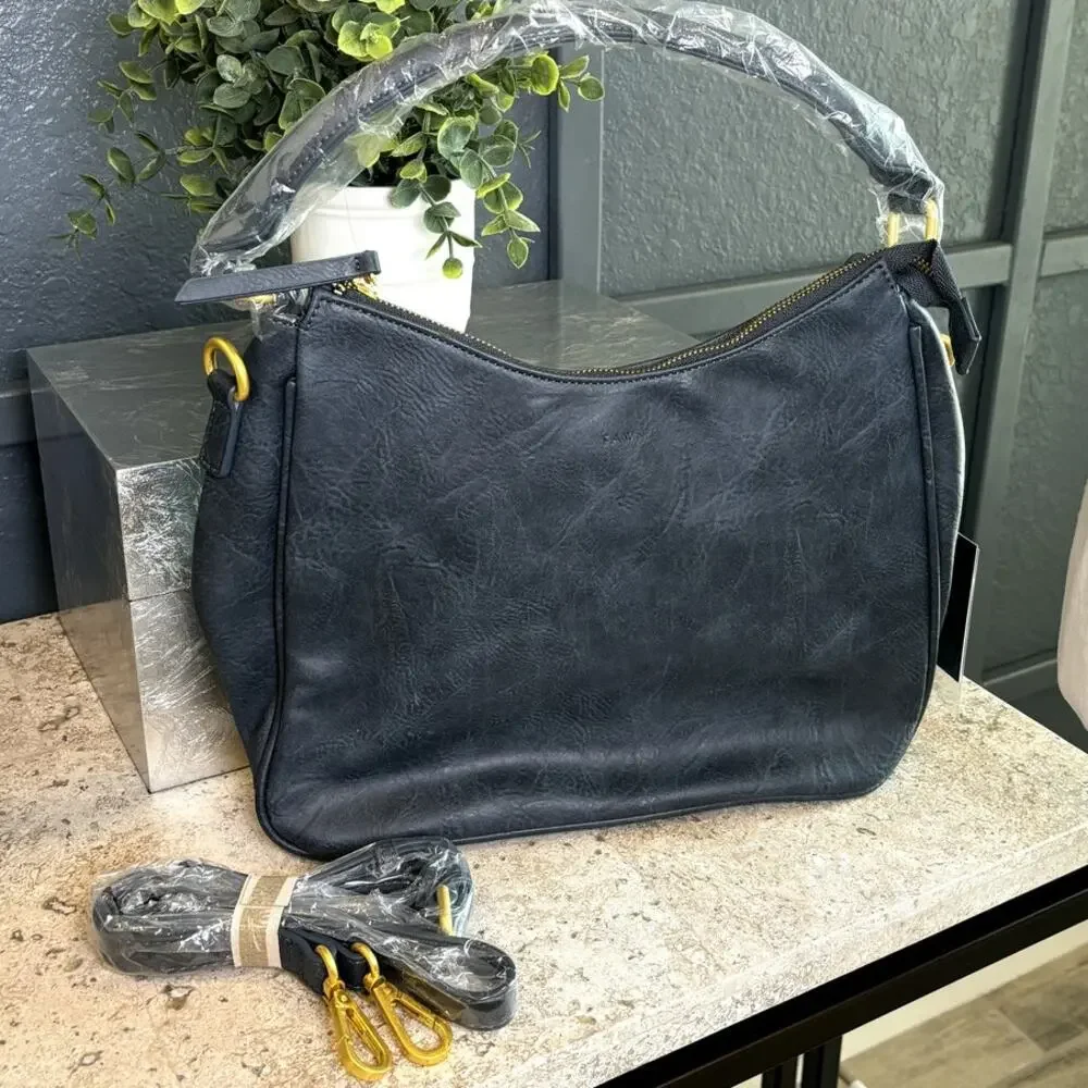 Fawn Vegan Leather Blue Slouch Tote Shoulder Crossbody Weekend Casual Bag NWT